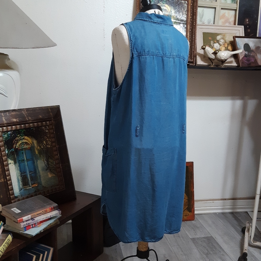 Womens Denim Blue Dress Plus Sz XXL Button up Below Knee Vest Like Sleeveless - Picture 9 of 11